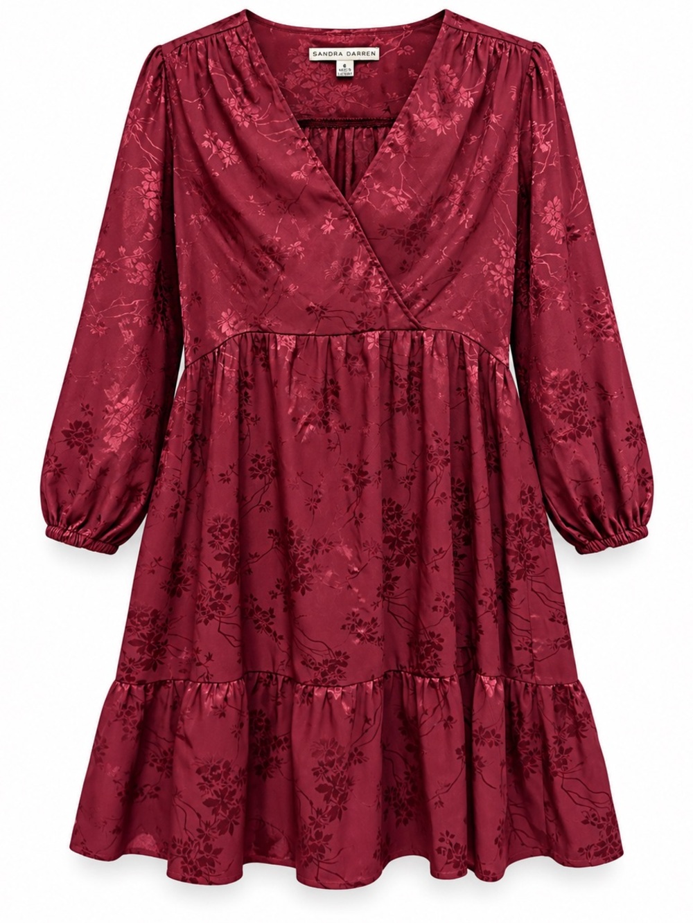 Sandra Darren Burgundy Floral Satin V-Neck Tiered Dress